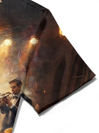 men's music print short sleeve flat lay shirt
