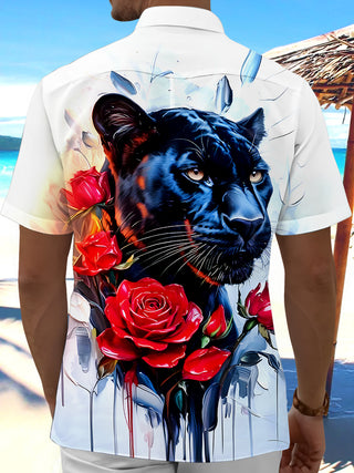 Men's black floral short sleeve shirt back view