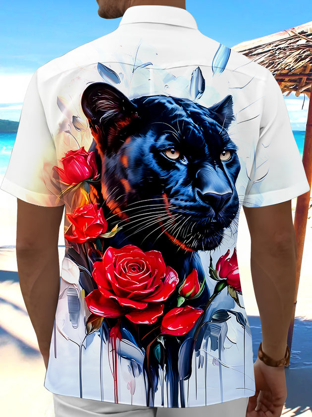Men's black floral short sleeve shirt back view