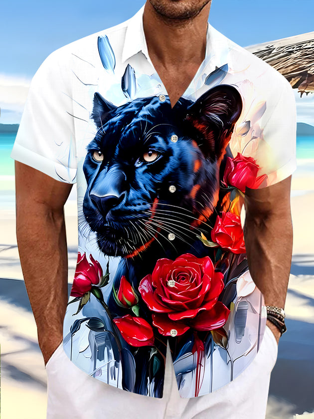 Men's black floral short sleeve shirt front view
