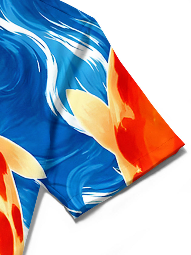 Men's abstract fish print short sleeve shirt close-up detail view