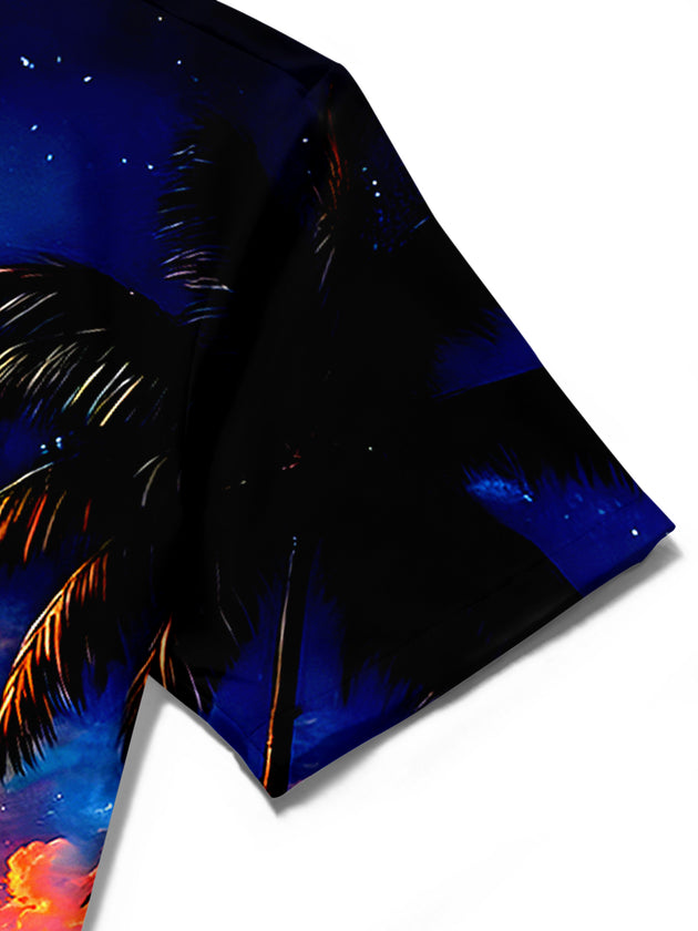Men's Hawaiian short sleeve shirt pocket detail close-up emphasizing fabric texture and stitching
