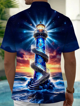 Men's tropical Hawaiian lighthouses pocket short sleeve shirt back view