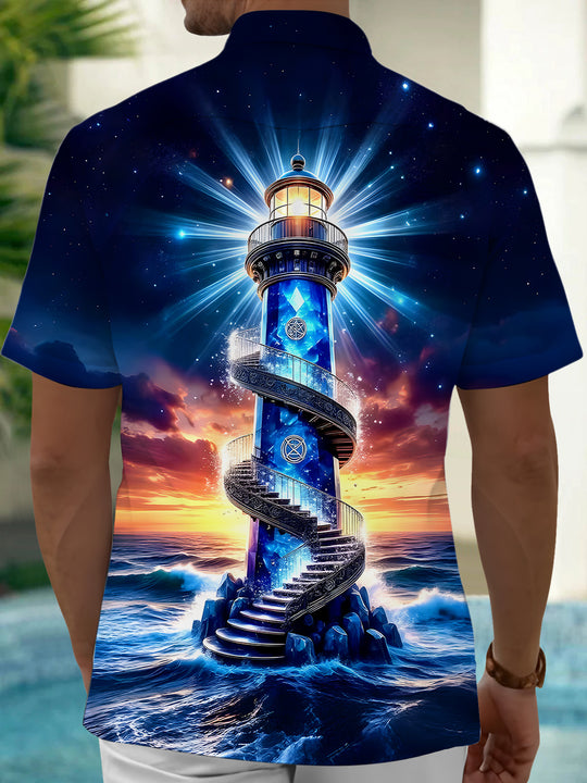 Men's tropical Hawaiian lighthouses pocket short sleeve shirt back view