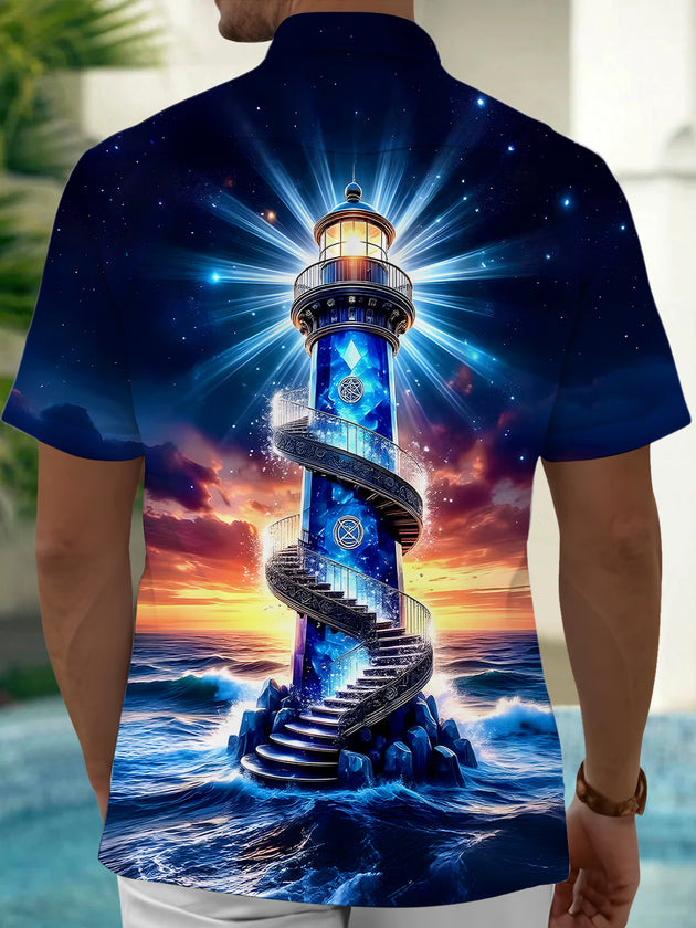 Men's tropical Hawaiian lighthouses pocket short sleeve shirt back view