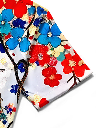 Men's floral short sleeve shirt close-up detail view