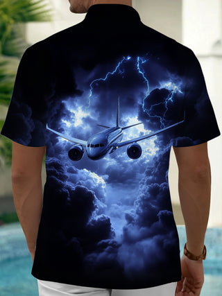 Men's blue airplane print short sleeve shirt back view