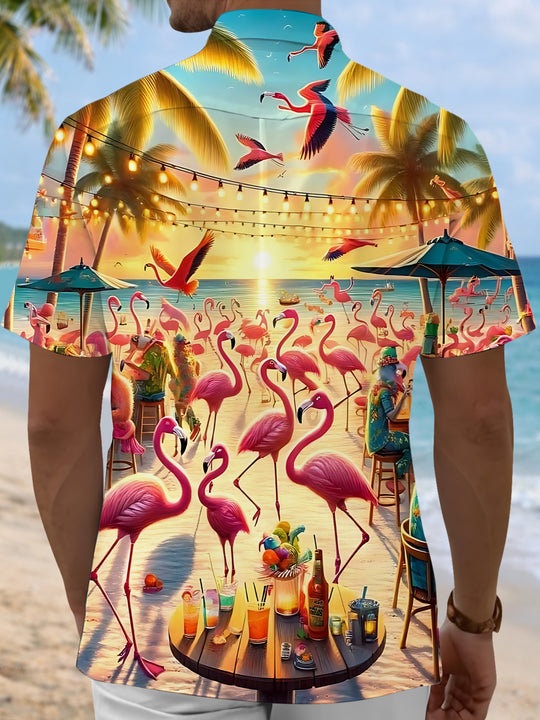 Men's Hawaiian flamingo print short sleeve shirt back view