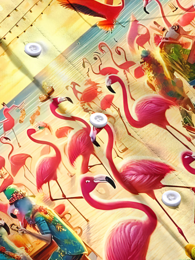 Men's tropical flamingo print short sleeve shirt flat lay
