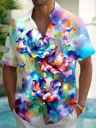 Men's floral short sleeve Hawaiian shirt front view for tropical beach vacation