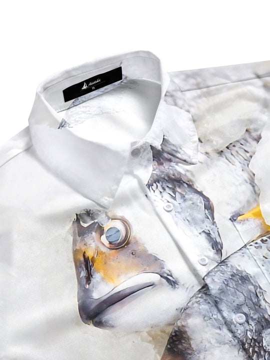 Men's blue nautical fish print short sleeve shirt side view