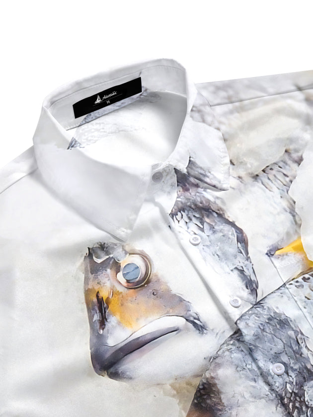 Men's blue nautical fish print short sleeve shirt side view