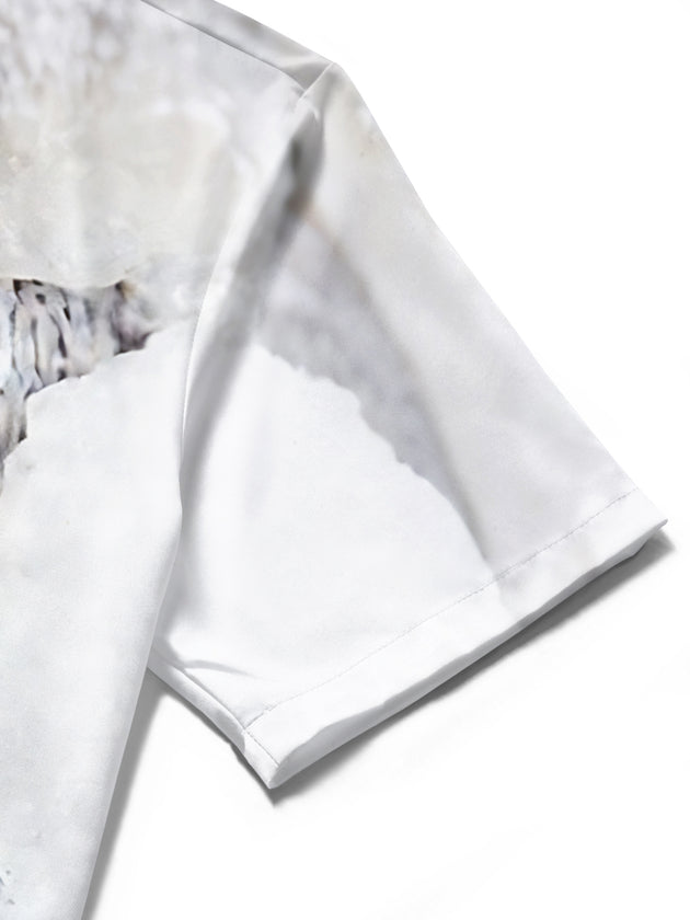 Men's fish print pocket short sleeve shirt detail close-up view