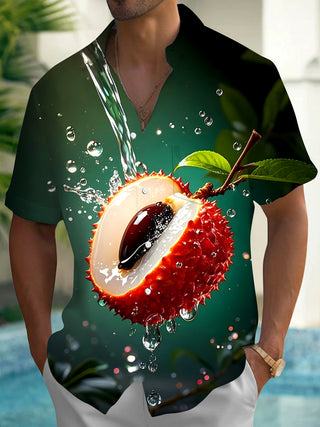 Men's Hawaiian Fruit Litchi Pocket Short Sleeve Shirt Front View Tropical Beach Vacation