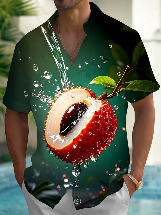 Men's Hawaiian Fruit Litchi Pocket Short Sleeve Shirt Front View Tropical Beach Vacation