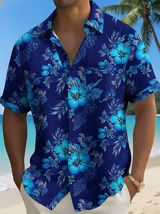 Men's Hawaiian flower print short sleeve shirt front view for tropical beach vacation