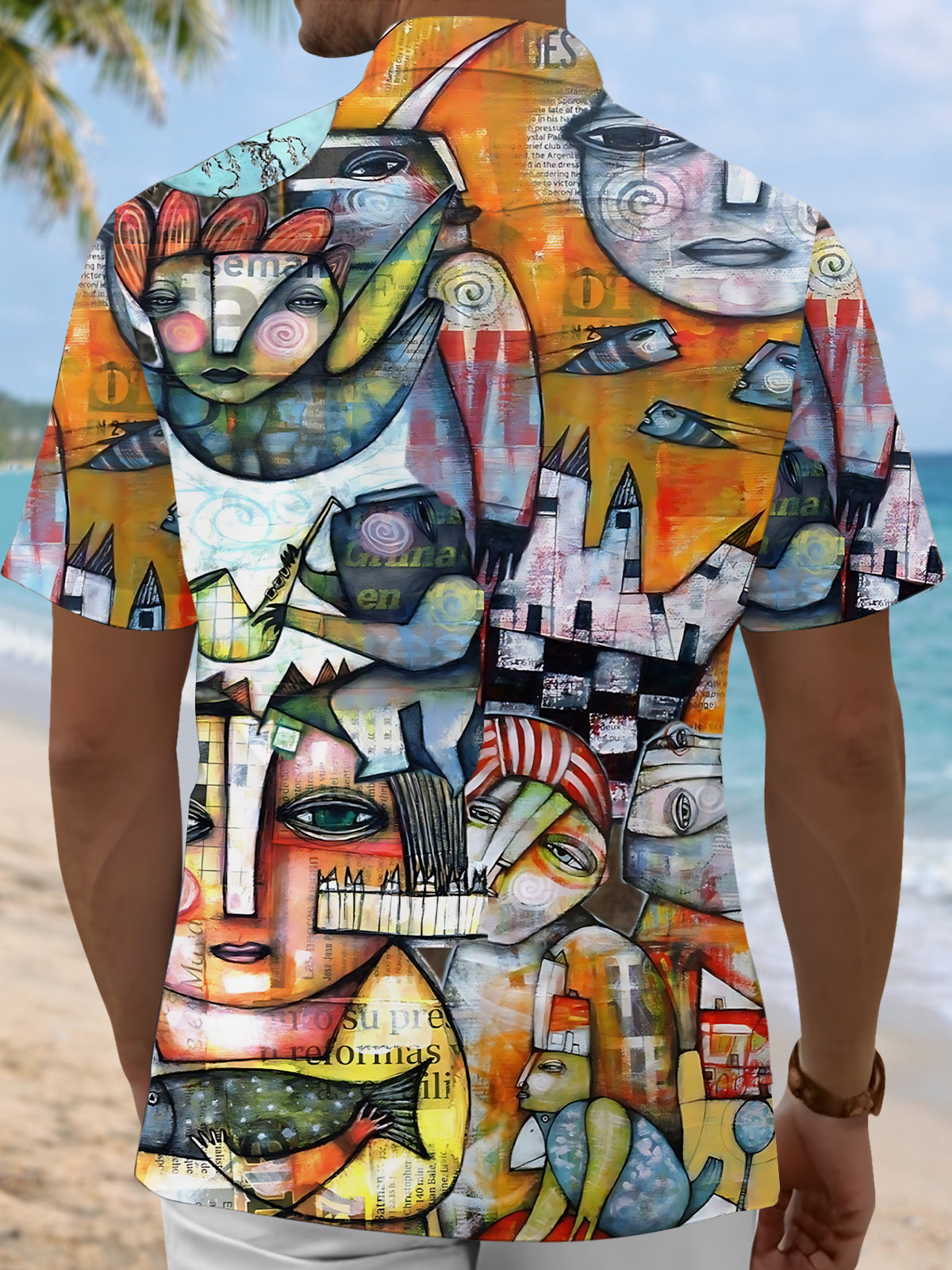 Abstract Face Print Men's Pocket Short Sleeve Shirts