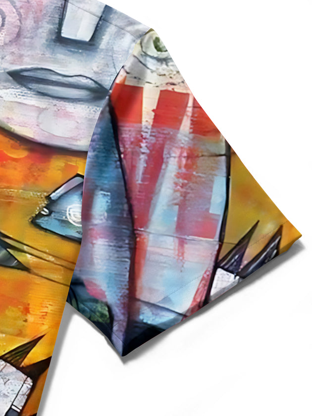 Men's abstract print shirt pocket stitching detail close-up