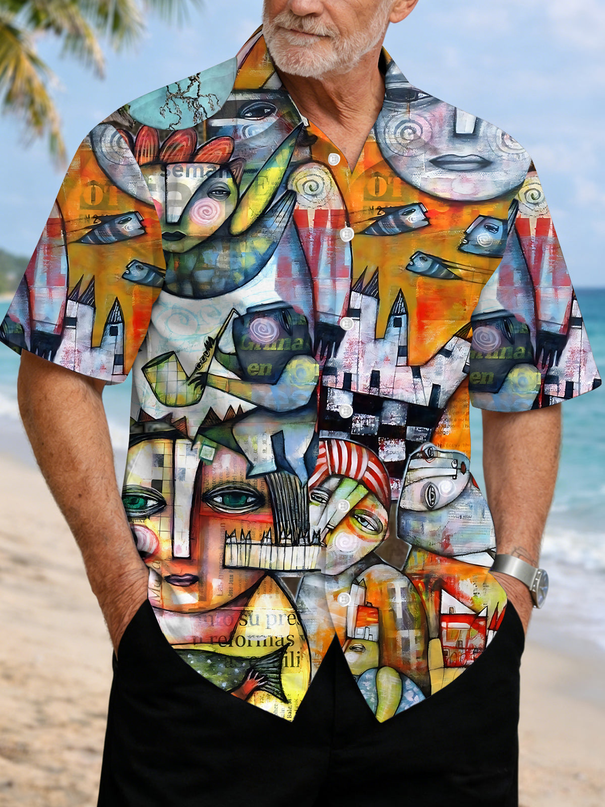 Abstract Face Print Men's Pocket Short Sleeve Shirts