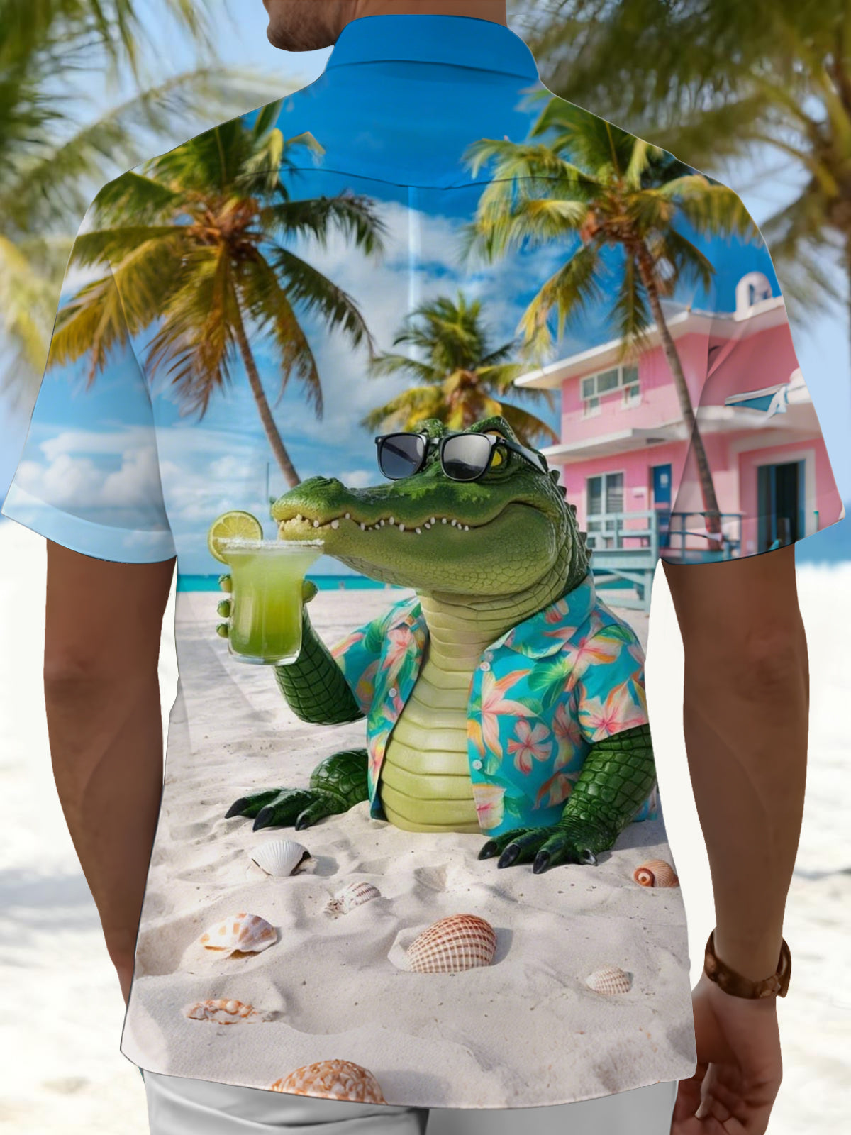 Hawaiian Beach Crocodile Print Men's Pocket Short Sleeve Shirts