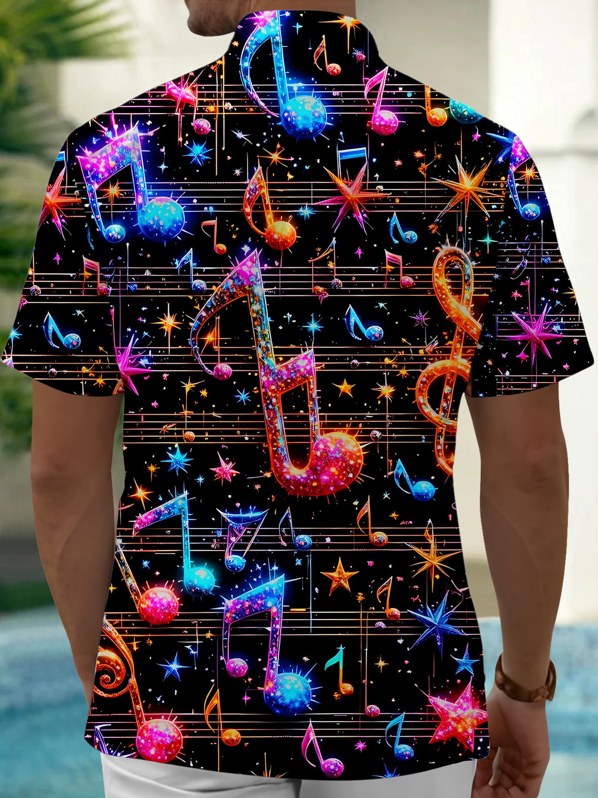 Musical Note Print Men's Pocket Short Sleeve Shirts