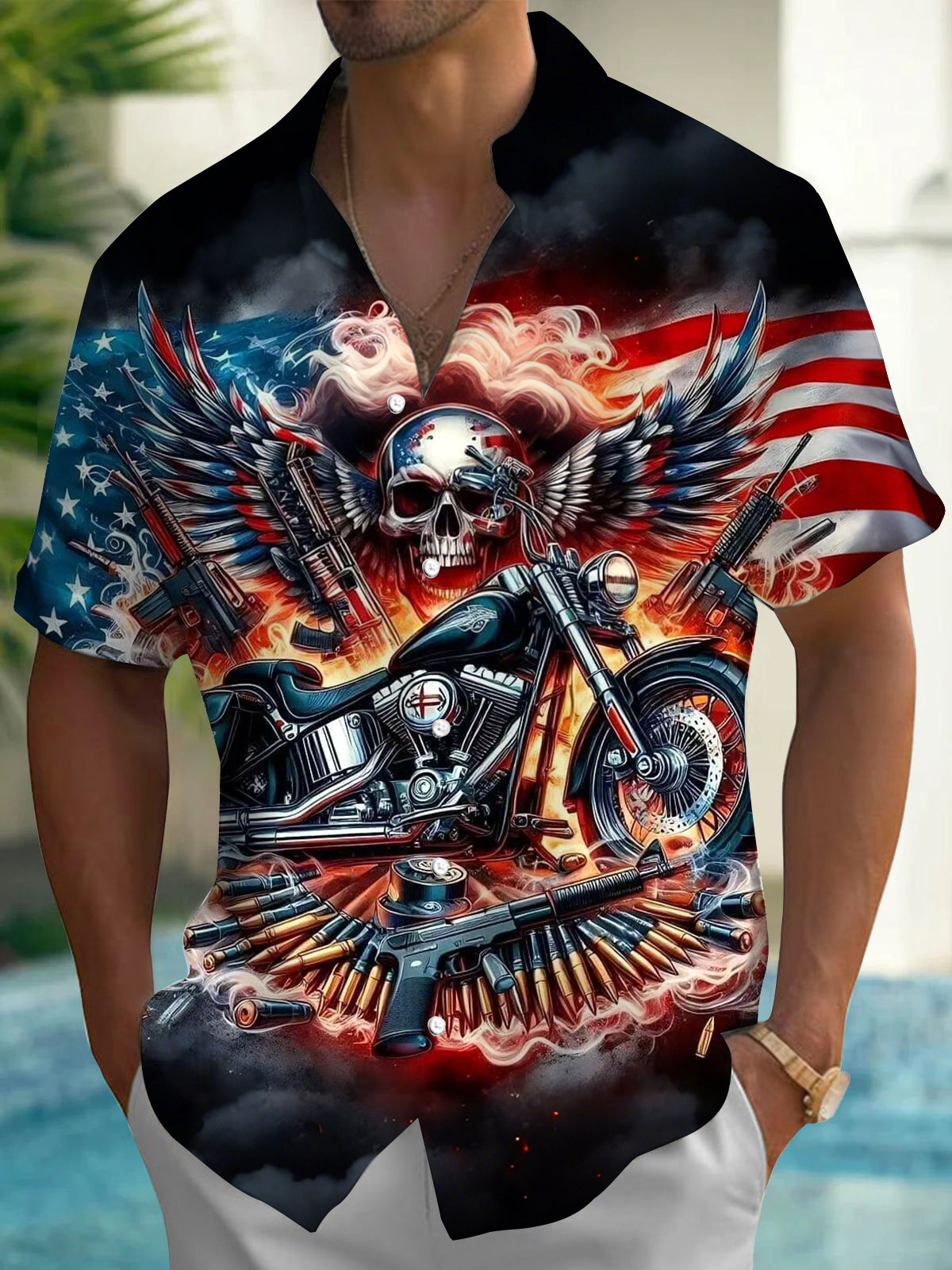American Flag Skull Motorcycle Print Men's Pocket Short Sleeve Shirts