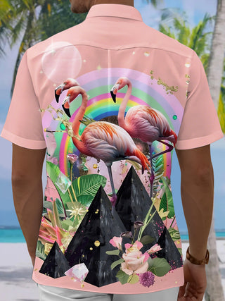 Men's pink flamingo print pocket short sleeve shirt back view