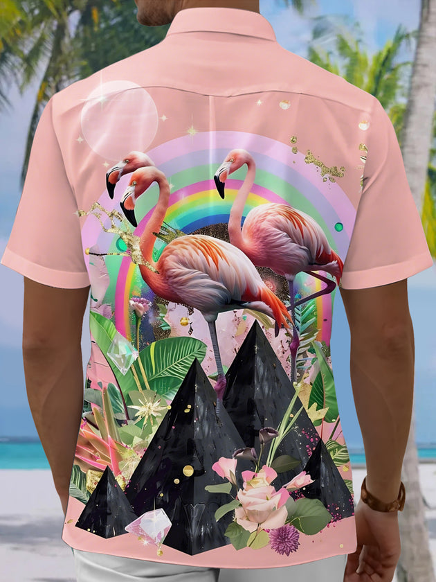 Men's pink flamingo print pocket short sleeve shirt back view