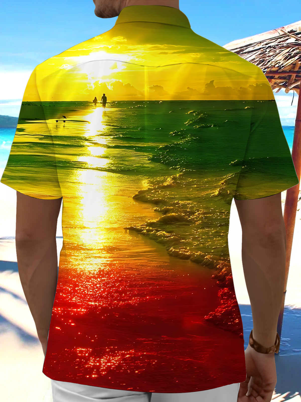 Beach Print Men's Pocket Short Sleeve Shirts