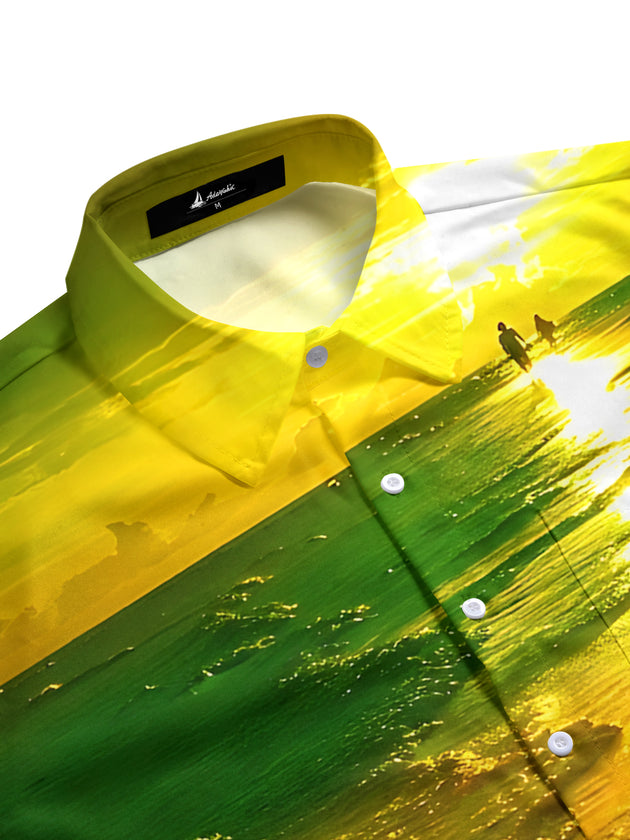 Men's coastal beach print pocket shirt side view half sleeve