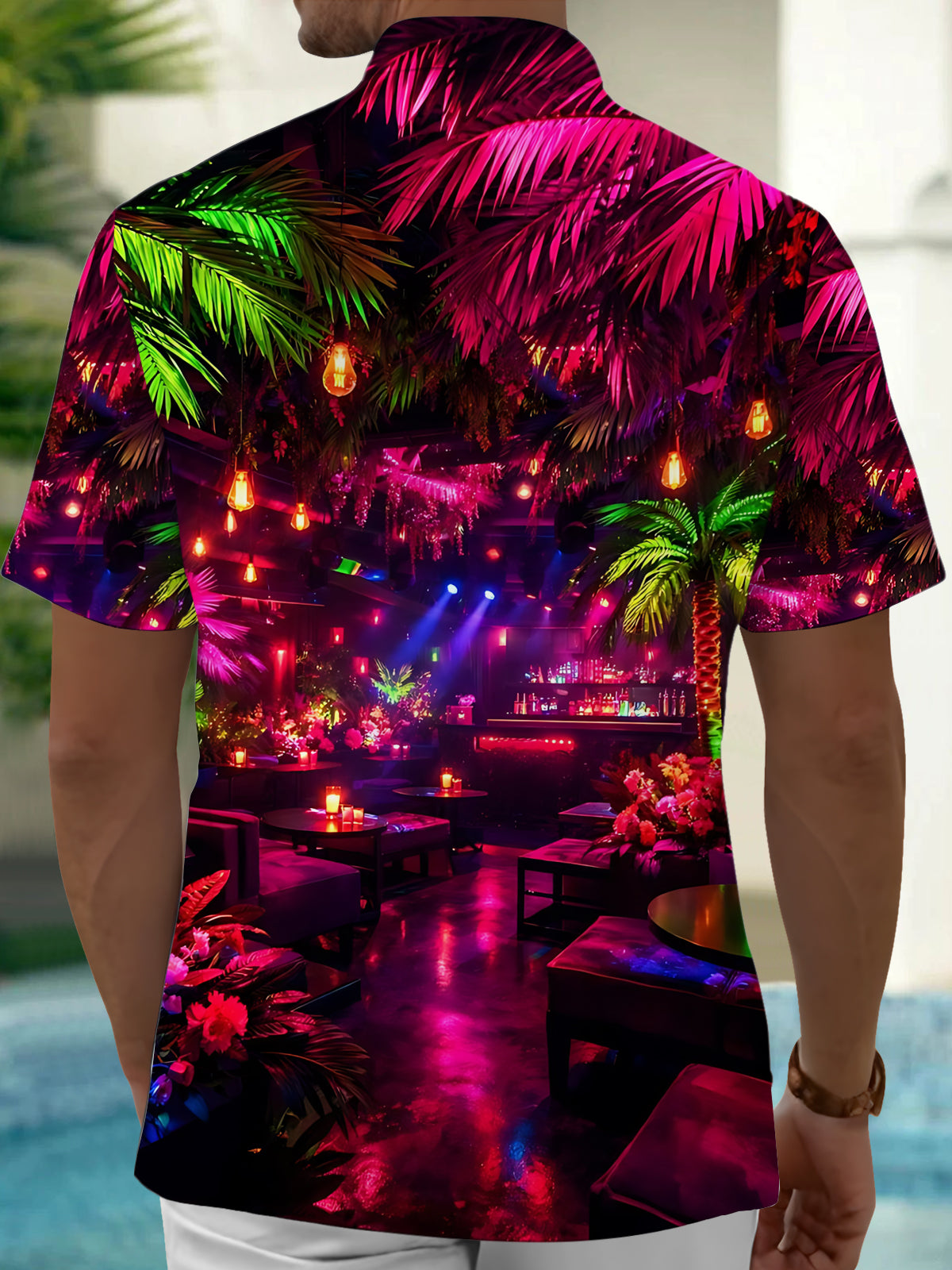 Tropical Theme Bar Print Men's Pocket Short Sleeve Shirts