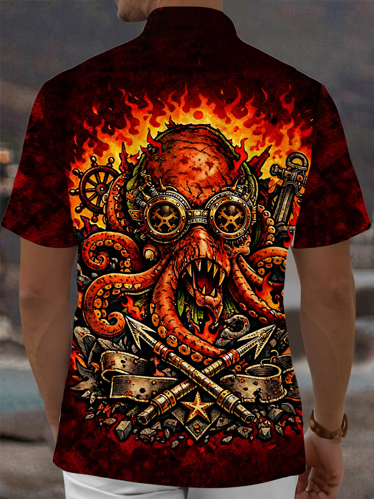 Steampunk Octopus Print Men's Pocket Short Sleeve Shirts