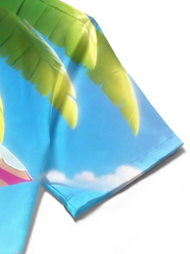 Men's Hawaiian hippo print short sleeve shirt close-up of pocket stitching detail