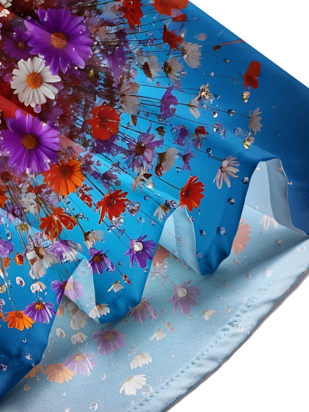 Men's floral print short sleeve shirt lifestyle shot in a park setting