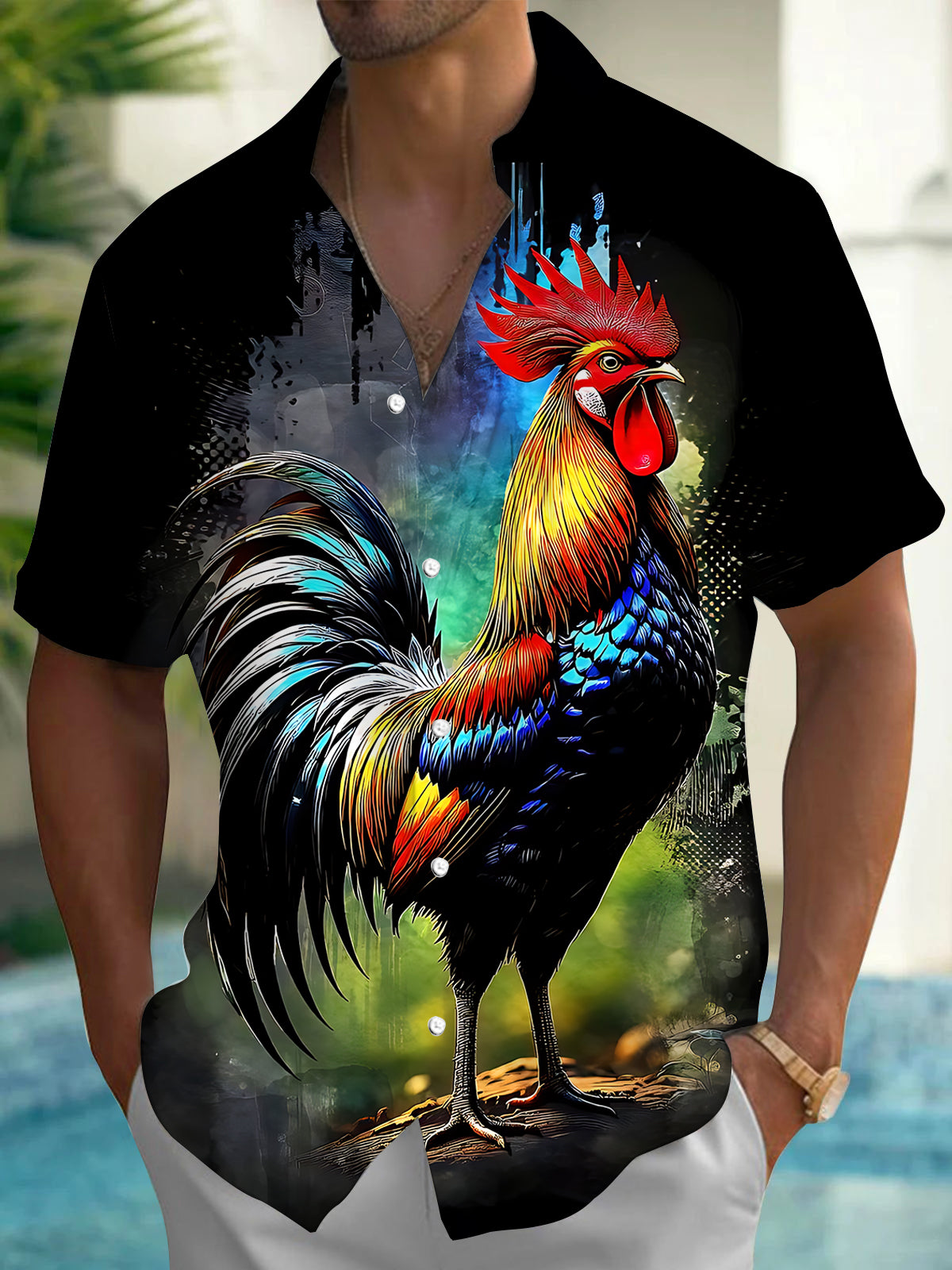 Rooster Print Men's Pocket Short Sleeve Shirts