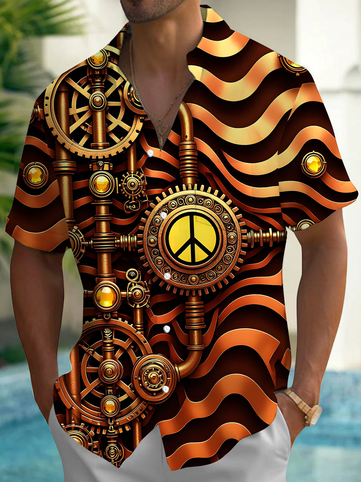 Peace Sign Gear Print Men's Pocket Short Sleeve Shirts