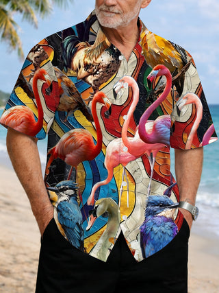 Men's flamingo print short sleeve shirt front view