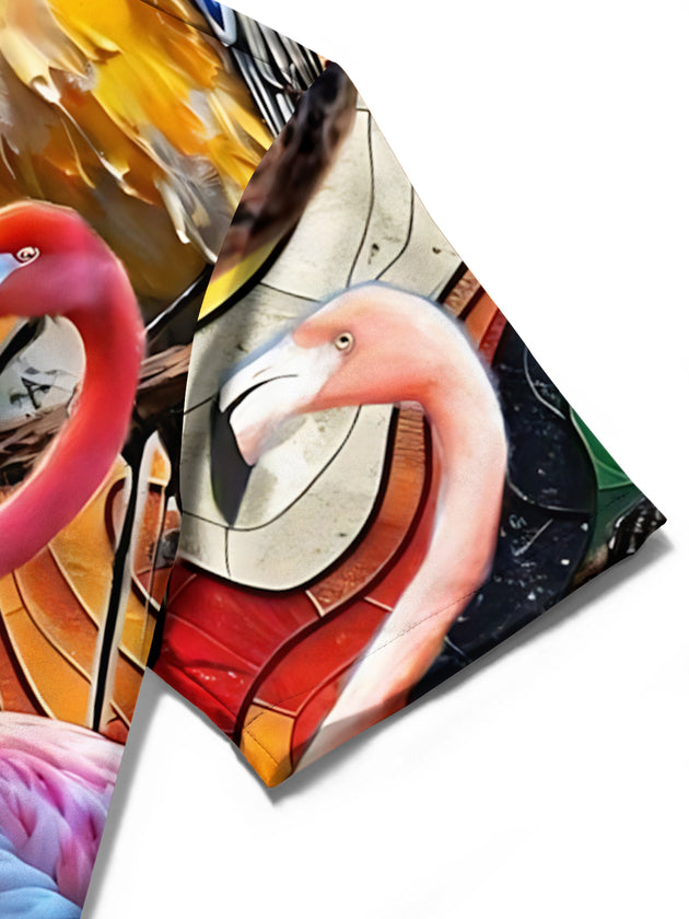 Men's flamingo print short sleeve shirt close-up stitching detail