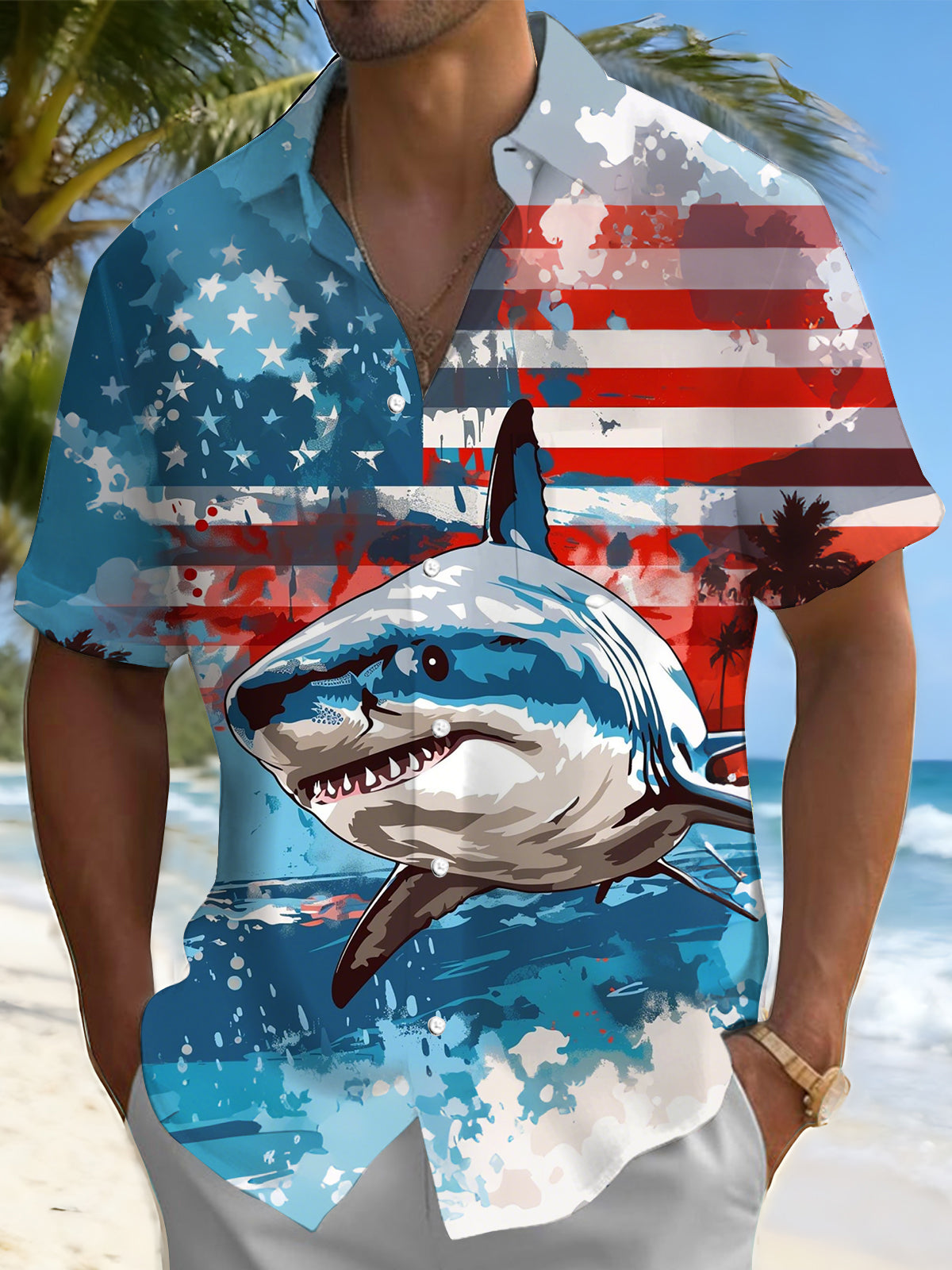 American Flag Shark Print Men's Pocket Short Sleeve Shirts