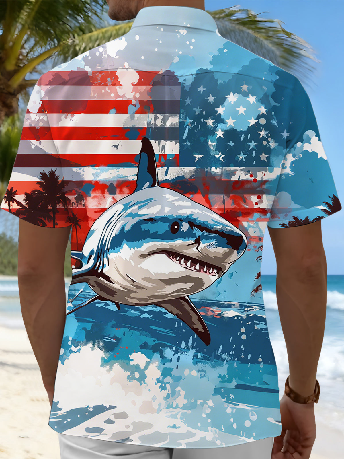 American Flag Shark Print Men's Pocket Short Sleeve Shirts
