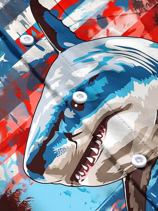 Men's American flag shark print short sleeve shirt flat lay