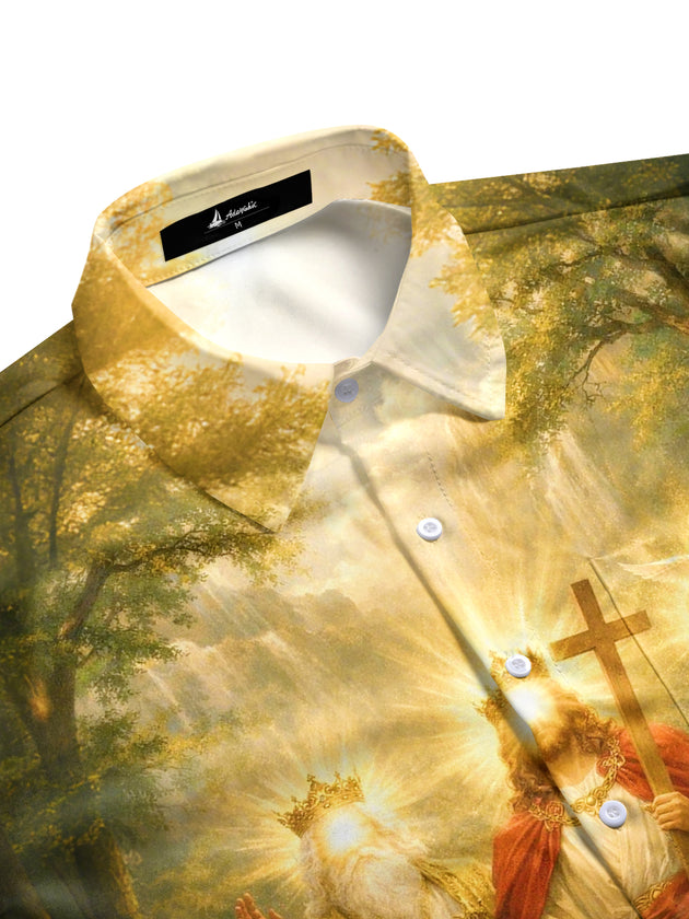 Men's casual short sleeve shirt with Christian art print, side view