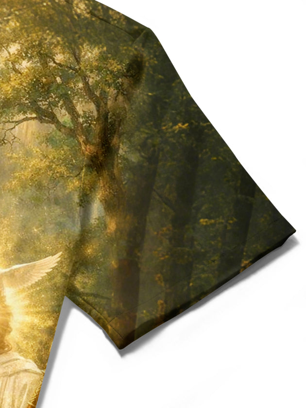 Men's Christian art print pocket short sleeve shirt close-up detail