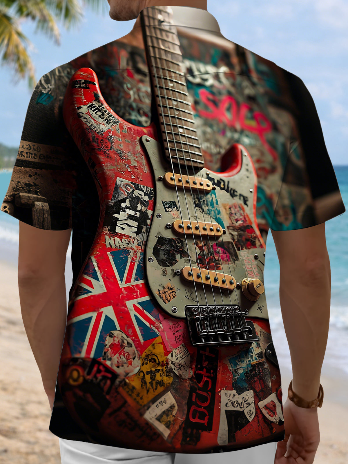 Guitar Print Men's Pocket Short Sleeve Shirts
