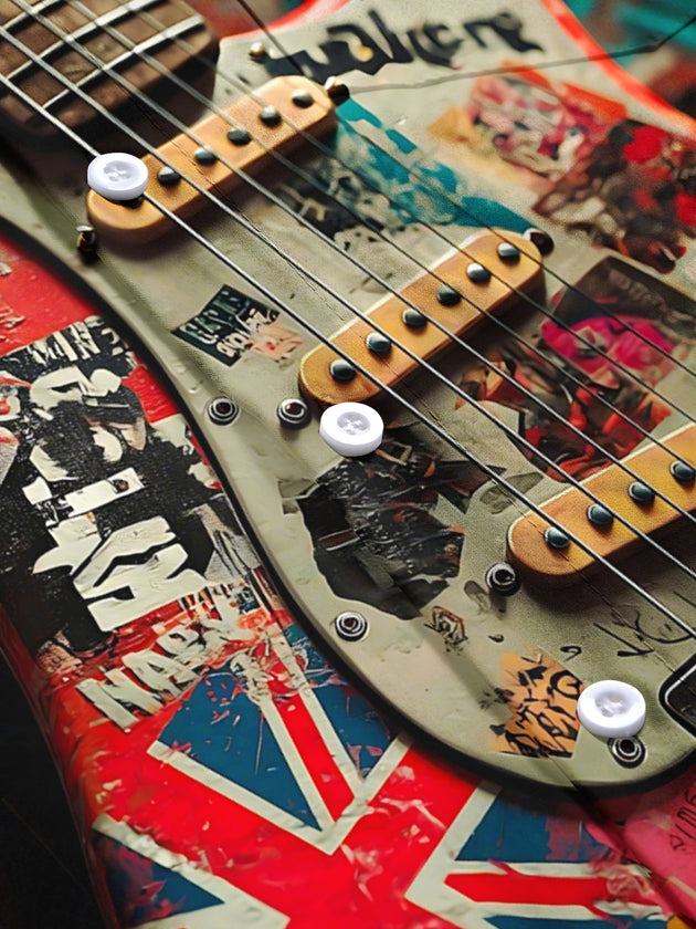 Men's guitar print pocket short sleeve shirt flat lay pattern detail view