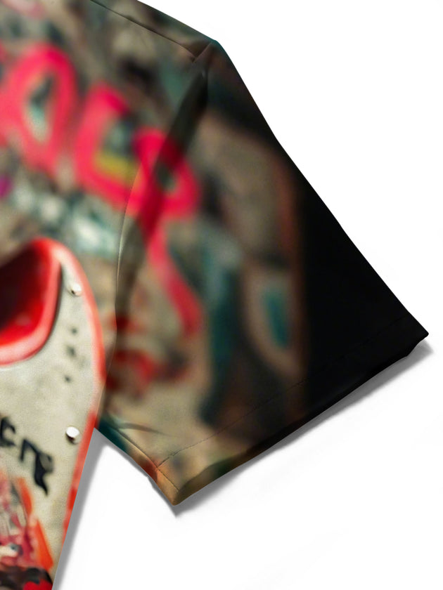 Men's guitar print short sleeve shirt close-up detail of pocket stitching