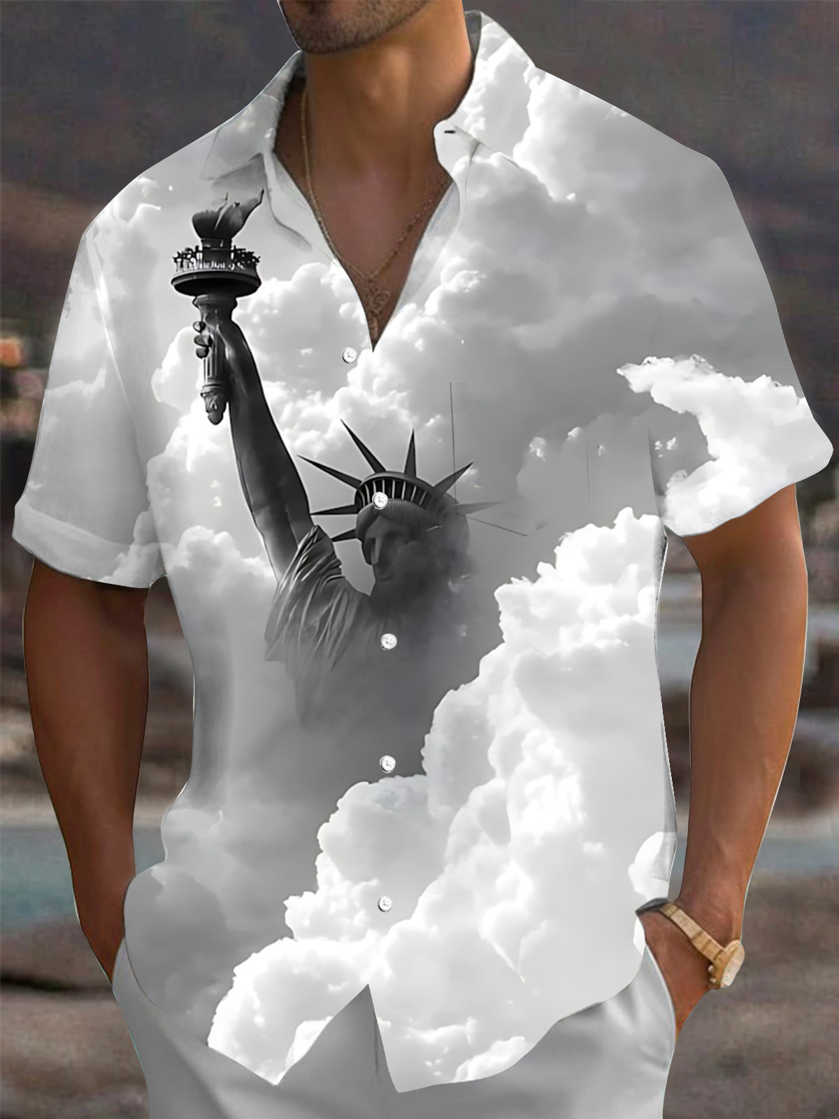 Statue of Liberty Print Men's Pocket Short Sleeve Shirts