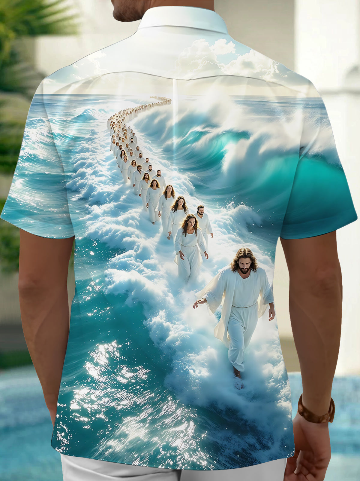 Men's ocean print short sleeve shirt back view