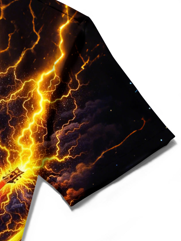 Men's guitar lightning art print pocket short sleeve shirt detail close-up of fabric texture