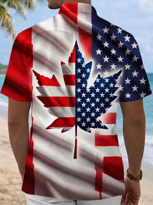 Men's American flag maple leaf print short sleeve shirt back view